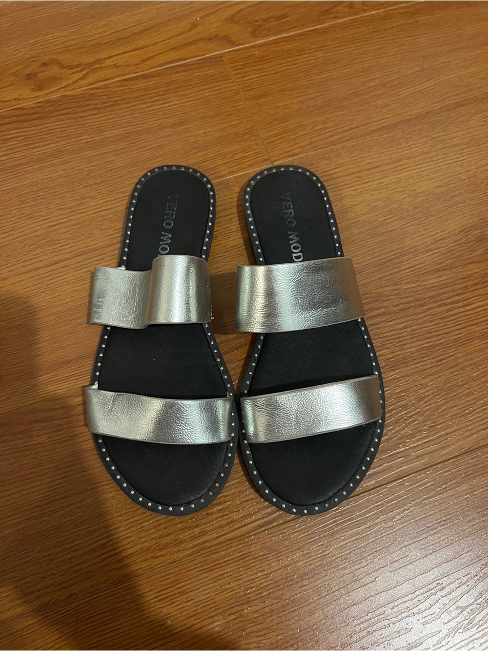 Vero Moda Metallic Silver Double-Strap Slide Sandals